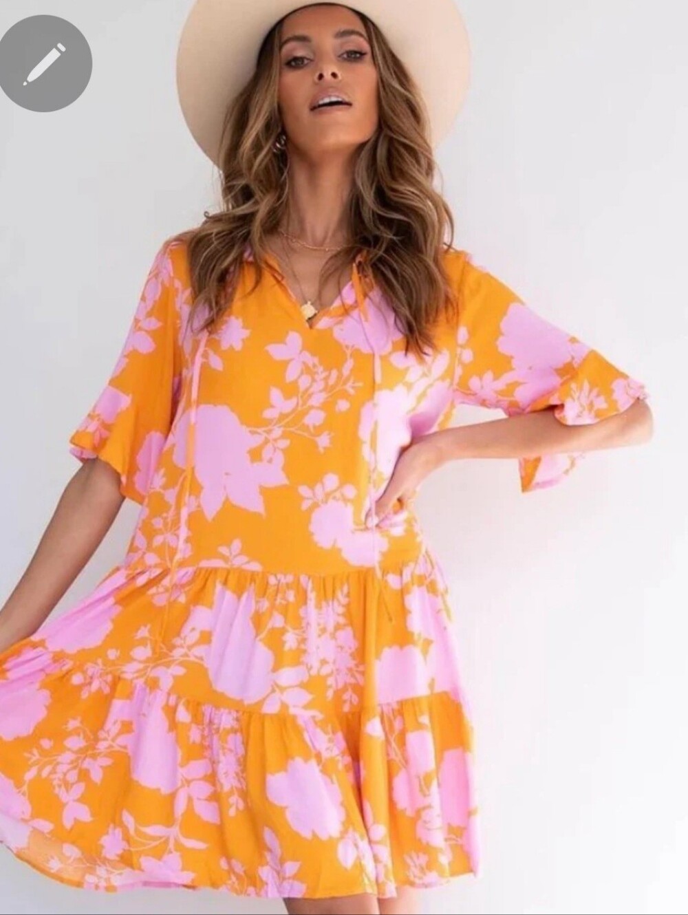 Petal & Pup Orange and Pink Floral V-Neck Tiered Dress Sz S